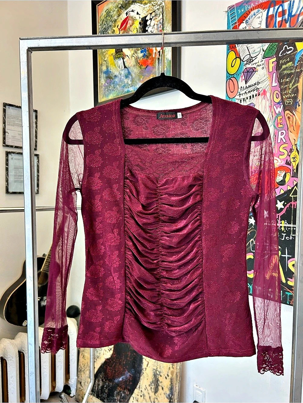 Jessica Lace Ruched Long Sleeve Top in Burgundy